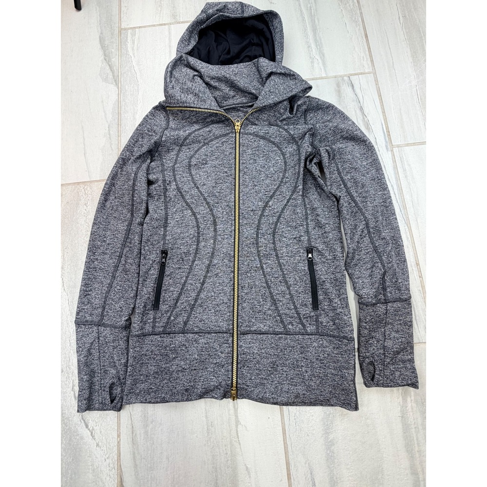Lululemon Stride II Grey Full Zip Hooded Jacket Gold Zipper Thumbholes Size 6